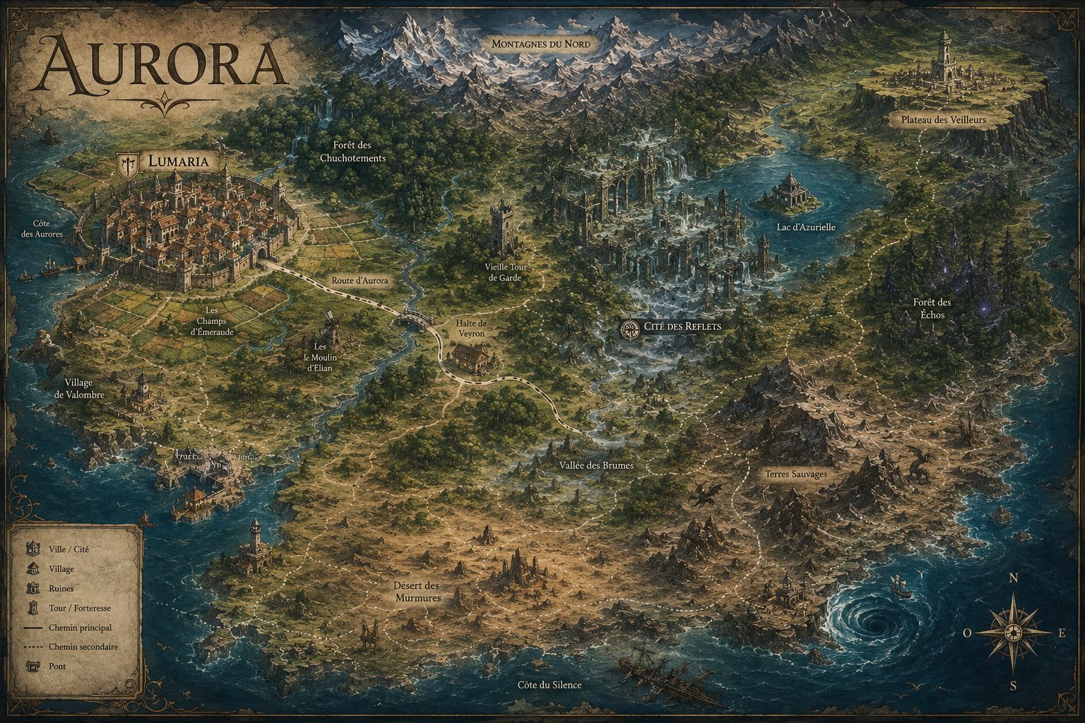 Carte du monde d'Aurora, avec Lumaria, la Cité des Reflets et les Montagnes du Nord